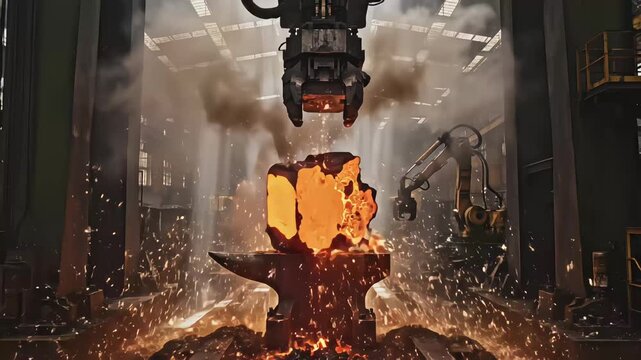 Heavy industrial hydraulic forging hammer striking glowing red hot metal ingot with massive impact creating sparks and steam in a manufacturing plant factory
