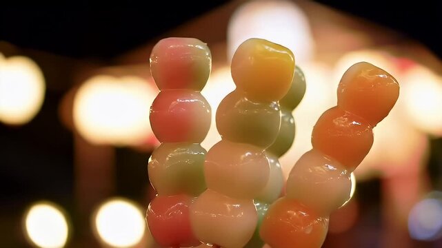 Colorful Glazed Candy Skewer at a Festive Night Market.