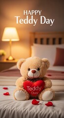Cuddly teddy bear holding red heart on bed with rose petals romantic valentine's day gift