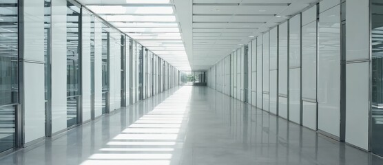 Fototapeta premium Ultra-clean near-future corporate architectural interior with precise geometry, soft natural light and minimal design. AI generated image. 