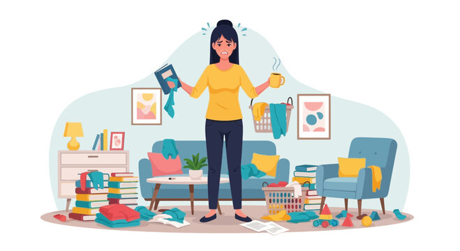 Woman overwhelmed by messy living room holding items.