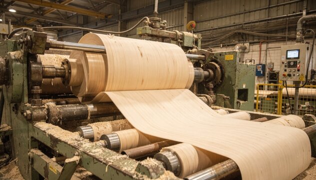 Medium shot of rotary veneer peeling line processing a full softwood log on lathe producing smooth continuous veneer ribbon in an industrial setting.