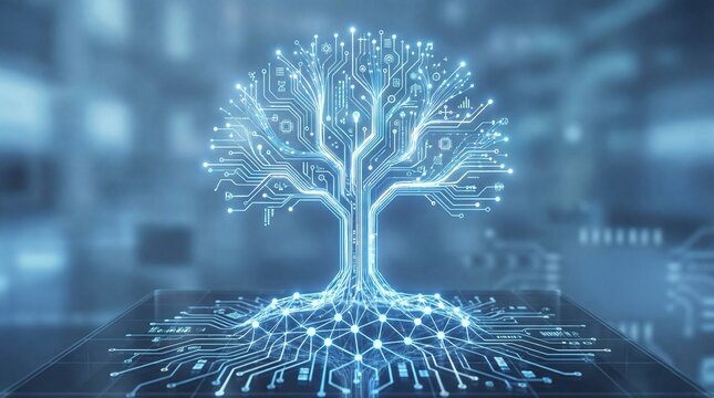 Luminous digital tree structure made from glowing electronic circuit board traces grows upward from a complex technological base.
