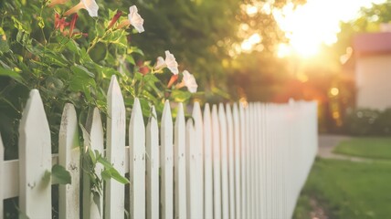 Fototapeta premium A White Picket Fence Draped in Climbing Morning Glories Surrounded by Sunlit Garden