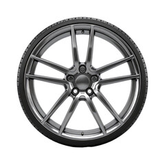 Obraz premium Sleek Gunmetal Alloy Wheel with Performance Tire - Automotive Detail, Modern Design, Studio Shot, Car Modification, Upgrade