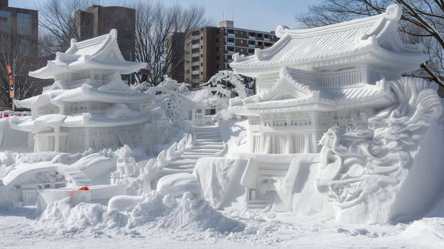Yuki Matsuri, Grand snow castle sculpture at Yuki Matsuri in Sapporo showcasing detailed winter architecture and Japanese festival artistry