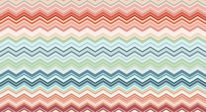 Vibrant chevron or zigzag pattern features a textured appearance with horizontal lines in shades of red, pink, green, and blue.