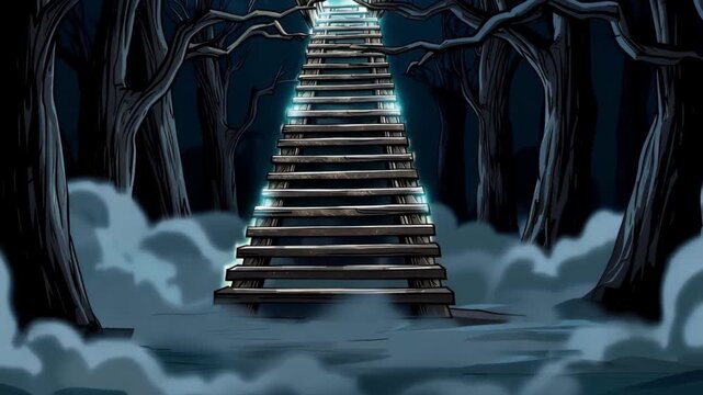 Eerie forest landscape with stairway animation and fog effects