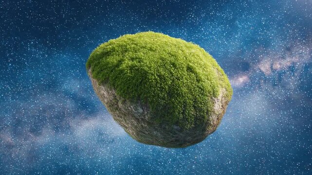 A celestial body with a rocky base covered in green vegetation, set against a star-filled cosmos