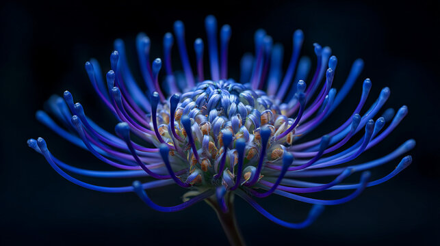 Striking Blue Pincushion Protea Flower in Macro, Dark Moody Background