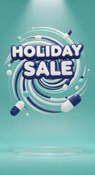 Vibrant Vertical 3D "HOLIDAY SALE" Banner with Swirling Ribbons and Capsules on a Bright Teal Podium Background