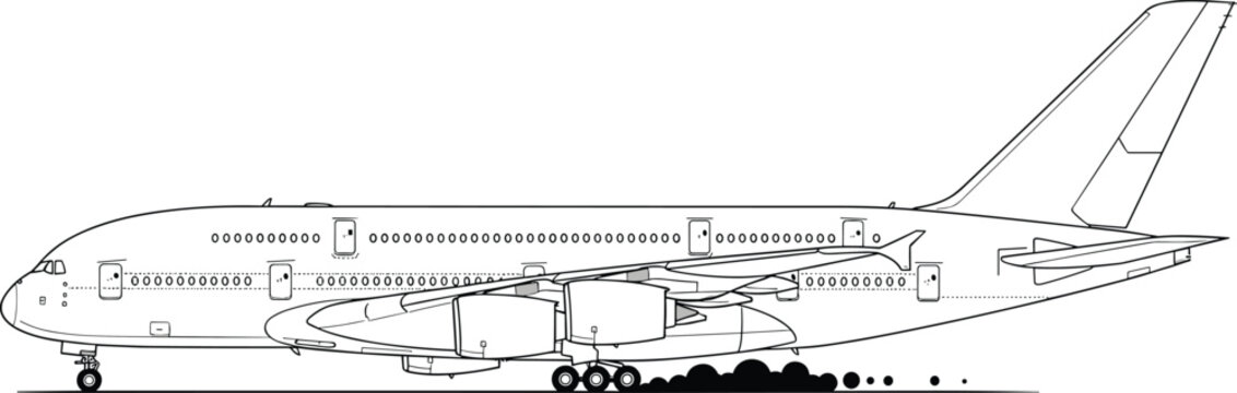 Detailed Airbus A380 commercial aircraft line drawing in side profile view with fuselage, wings, engines, landing gear, and double passenger decks for aviation and engineering projects