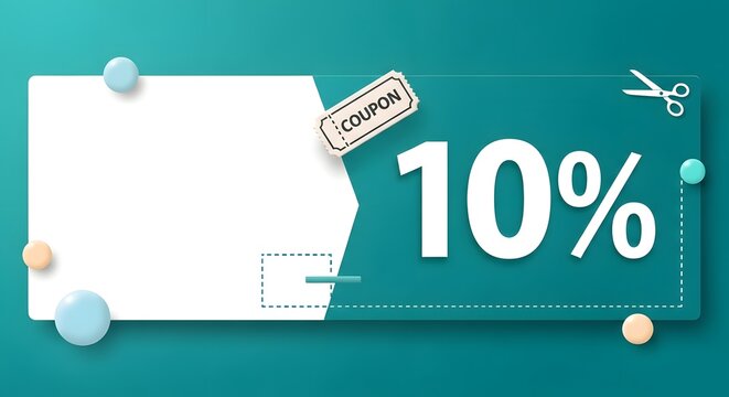Creative Horizontal 10% Discount Coupon Banner with Scissors for a Cut-Out Effect on a Teal and White Background