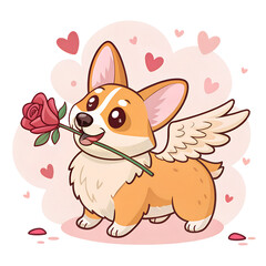 Corgi Angel of Romance: A charming corgi, adorned with delicate wings, offers a vibrant rose, evoking feelings of love and adoration. The illustration is filled with romantic hearts and petals.