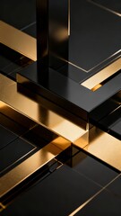 Fototapeta premium A close-up of sleek modern architectural elements featuring a striking contrast between polished black surfaces and golden metallic accents.