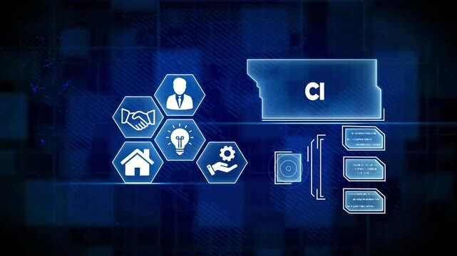 Digital interface with CI text and abstract icons on a blue grid background technology