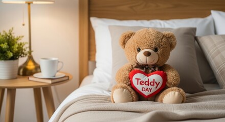 Brown teddy bear holding red heart on bed with white pillows and wooden nightstand