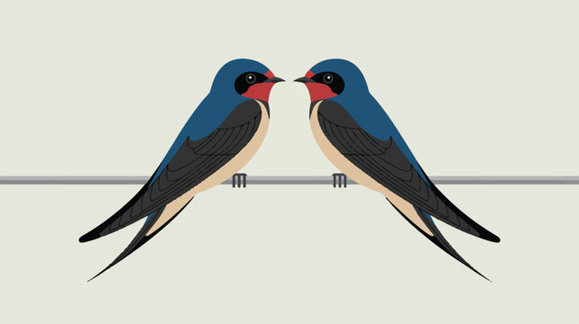 A minimalist illustration of two blue and black barn swallows perched side by side on a single horizontal gray wire (3)_traced