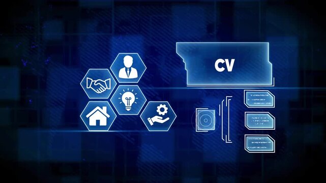 Career development concept with CV acronym and business icons on a blue digital background curriculum vitae