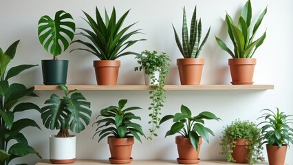 Obraz premium Indoor plant collection shelves arranged, fiddle leaf fig monstera varieties, urban jungle interior decoration, botanical home styling trendy, green living space natural