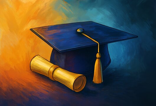 Vibrant oil painting of a blue graduation mortarboard with a golden tassel resting next to a rolled golden diploma with a wax seal against a dramatic painterly background of contrasting warm orange