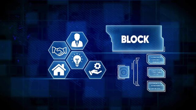Digital infographic with BLOCK text and business technology icons on a blue grid background image
