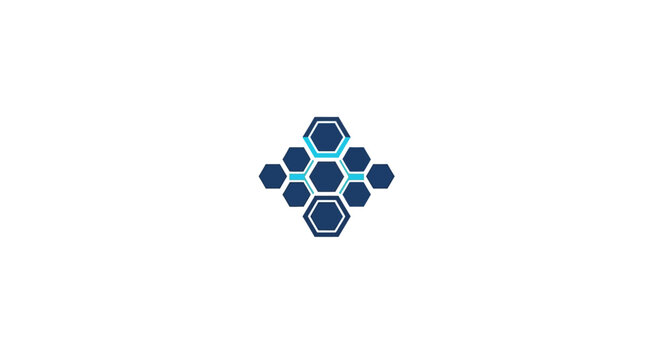 Cluster of blue hexagonal shapes resembling a honeycomb or molecular structure, symbolizing data network and connectivity, on an isolated white background.