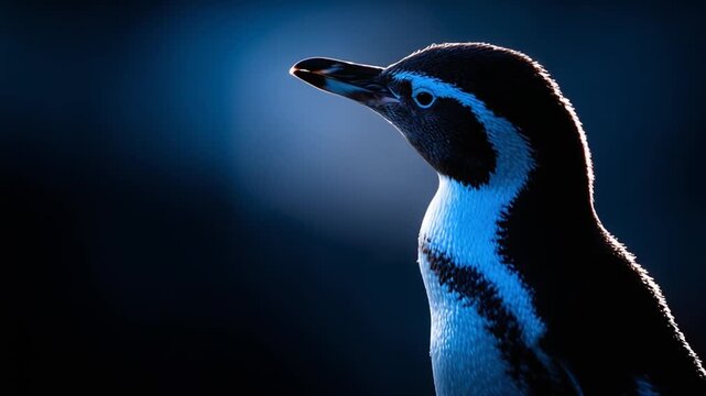 A side profile of a penguin, highlighting its black and white plumage against a dark blue gradient