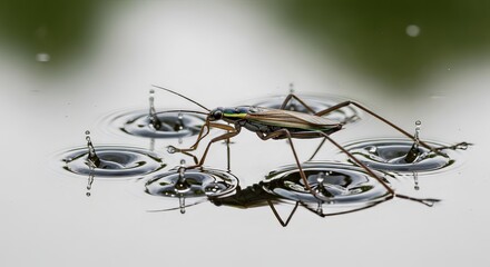 Water Strider Insects on Calm Water Surface with Reflections