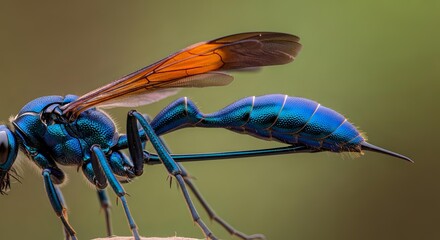 Blue Wasp with Orange Wings Perched on Surface Close Up