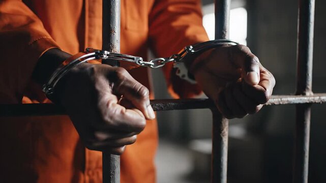 Prisoner in orange jumpsuit handcuffed behind bars in jail cell