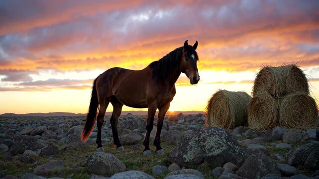 Single horse and haystack on the grassland at sunset