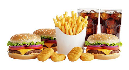 A fast food meal consisting of burgers, fries, nuggets, and soda on a transparent background