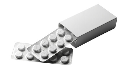 Blister pack of pills with box on transparent background for medical use