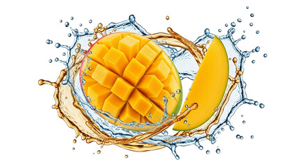 Fresh mango fruit with water splashes isolated on transparent background