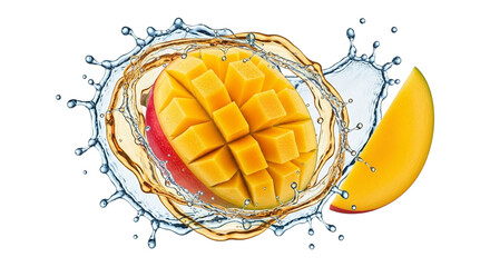 Fresh mango slices splashing in water on transparent background