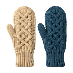A pair of blue and beige knitted mittens on transparent background