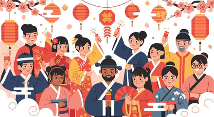 Diverse group of people celebrating Chinese New Year together.
