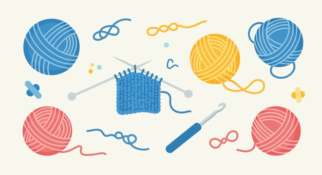 Colorful yarn balls and knitting accessories arranged neatly.