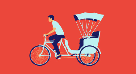 Man Riding a Rickshaw Bicycle with Passenger Compartment.