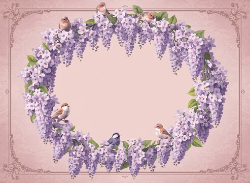 Romantic Vintage Wisteria Floral Border and Frame in Soft Pastel Colors. Delicate Botanical Illustration Inspired by Regency Aesthetic, Perfect for Wedding Invitations, Greeting Cards, Quotes