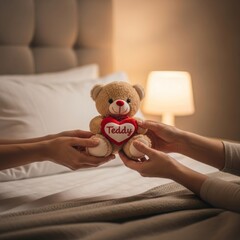 Couple exchanging a cute teddy bear with heart on valentine's day in a cozy bedroom