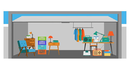 Cluttered Storage Garage with Furniture and Household Items.