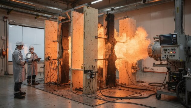 Medium shot of firerated timber sections undergoing heat and flame resistance testing in a controlled lab environment for enhanced safety in tall wooden buildings.