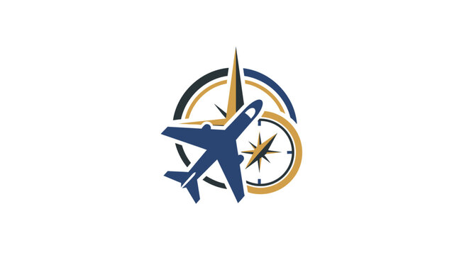 A blue airplane flying upwards surrounded by a compass design.