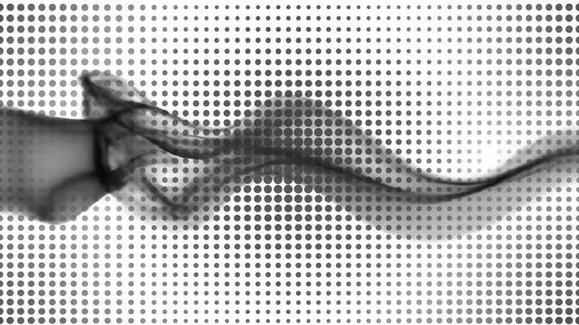 Abstract grayscale image featuring flowing form and geometric dot matrix, with gradient