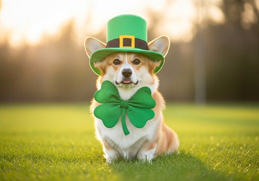 Corgi dog wearing green hat and shamrock bow tie sitting on grass