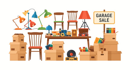 Obraz premium Garage Sale Items Displayed on Table and Boxes.
