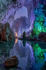 Reed flute cave illuminated by colorful lights reflecting in water