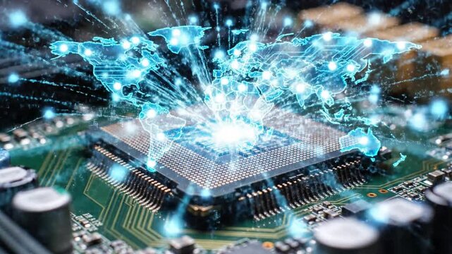 Microchip exploding with blue energy on circuit board in technology lab